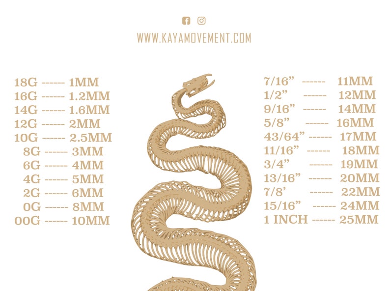 May include: A chart showing the different gauge sizes for jewelry, with corresponding measurements in millimeters and inches. The chart is illustrated with a skeletal image of a snake.
