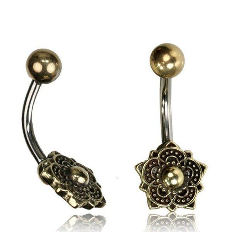 Belly Button Jewelry Gold Navel Ring Mandala Tribal Jewelry Belly Button Rings Stomach piercing Lotus flower 14g image 2