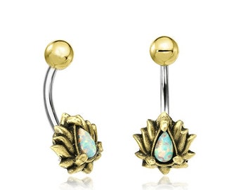 Opal Gemstone Gold navel ring in a Teardrop Lotus flower - Belly button jewelry piercing