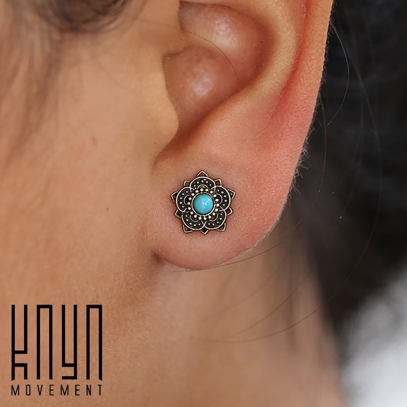 Lotus Flower Sun Tiny Stud Earrings Turquoise Jewelry Gold Huggie Earrings Mandala Unique Stud Earrings image 1