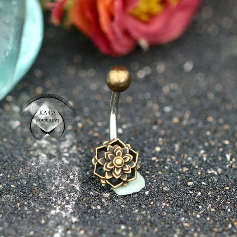 Succulent Lotus flower Gold navel ring Belly button jewelry Mandala Belly button piercing Belly button rings Navel jewelry image 1