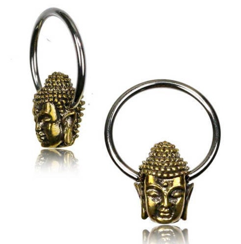 Buddha Hoop earrings with charm Body Jewelry Small Hoop Septum Nipple Piercing Nipple jewelry Buddha head 18g, 16g, 14g image 1