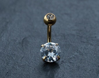 18K Gold Navel Ring, Crystal & CZ Belly Barbell, Hypoallergenic Discreet Piercing, Allergy-Friendly Body Jewelry