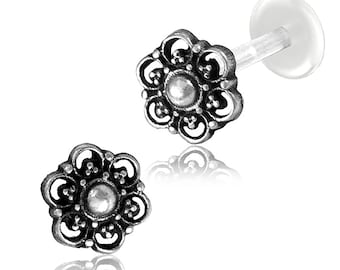 Lotus Flower Labret – Flat Back Cartilage Earring – Lip Stud – Tragus, Medusa, Conch Piercing