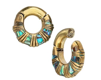 Abalone Stone - Ear Hangers - Tribal Body Jewelry - Gold Ear Weights - Edgy Earrings - Stretched Ears - 2ga - 6mm