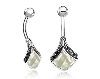 Belly Button Ring – Real Seashell Navel Piercing – Mother of Pearl Belly Bar – Silver 925 – Surgical Steel – 14G Barbell