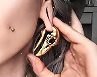 Raven Skull Hangers - Gold Crow Keyhole Ear Weights - Ear Stretchers - Plugs - Edgy Earrings - 5/8" - 16mm