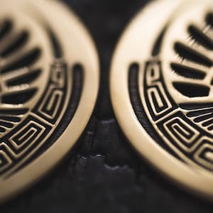 Puede incluir: Dos discos de metal de color dorado con un dise&ntilde;o geom&eacute;trico. El dise&ntilde;o presenta un patr&oacute;n circular con un motivo central. Los discos est&aacute;n ligeramente desenfocados.