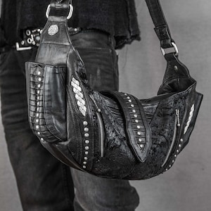 Gothic Punk Rock Leather Shoulder Bag | Silver Studded Crossbody Handbag
