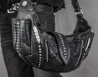 Gothic Punk Rock Leather Shoulder Bag | Silver Studded Crossbody Handbag