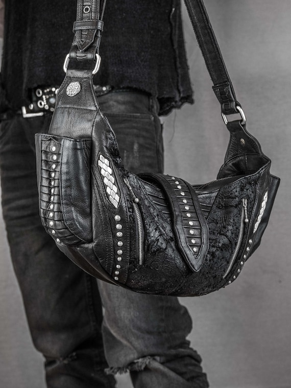 Gothic Punk Rock Leather Shoulder Bag | Silver Studded