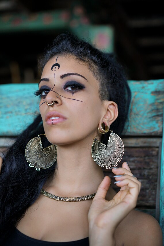 Alternative Earrings Ethnic Hoop Earrings Extra Large Earrings Goth Earring Coold Edgy Earrings Large Gold Hoop 16g Earrings