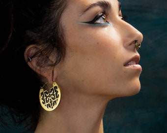 Gold Shamanic Shipibo Disc Earrings Psychedelic Icaros - Cool Edgy Trippy Ayahuasca Extra Large Earrings - Sacred Geometry LSD