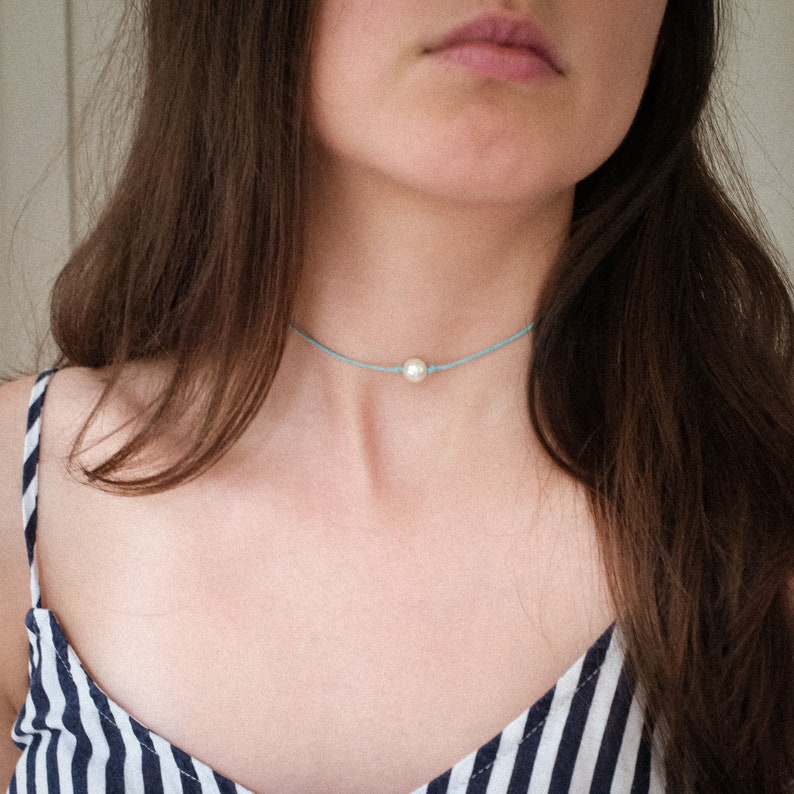 Cotton Cord Choker Turquoise Cord Pearl Choker Gift for Her White Pearl Choker Birthday Gift