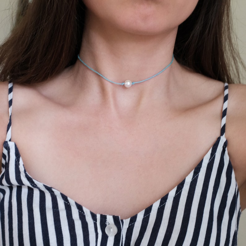 Cotton Cord Choker Turquoise Cord Pearl Choker Gift for Her White Pearl Choker Birthday Gift