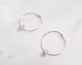 Marble Earrings, Gold Filled Hoops, Thin Gold Minimal Hoops, Gift for Her, Disc Earrings, White Marble