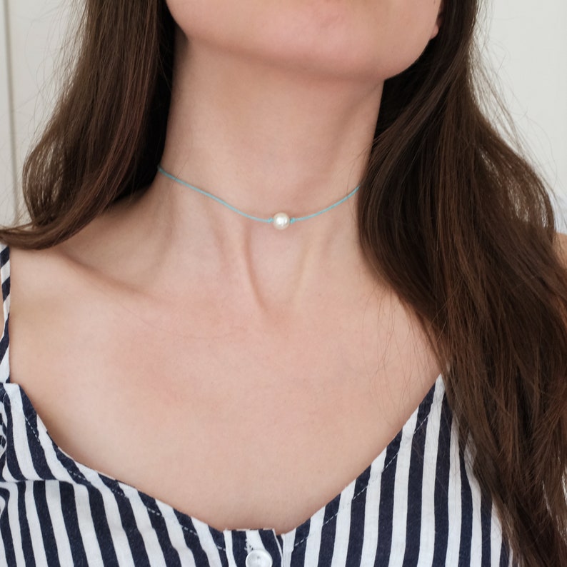 Cotton Cord Choker Turquoise Cord Pearl Choker Gift for Her White Pearl Choker Birthday Gift