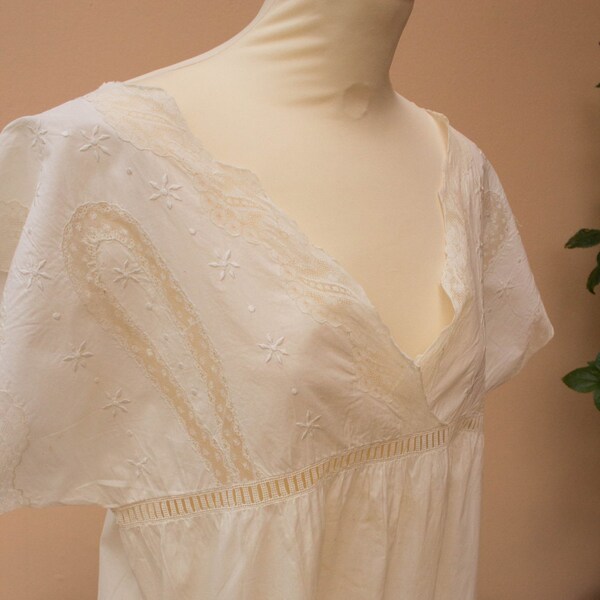 Lace Embroidered Nightgown, Vintage Cotton, ca. 1920's, Lace, Greek