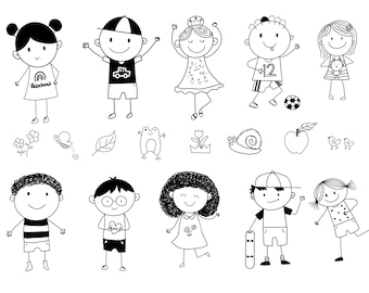 Stick Kids Clipart, Stick Children Clip Art - Instant Download