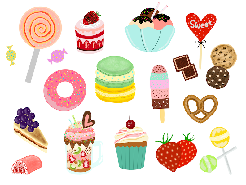 Puede incluir: Una ilustraci&oacute;n colorida de varios dulces, que incluyen una dona rosa con chispas, una torre de macarons verdes, un sundae de helado de chocolate, una piruleta rosa, un pretzel, un cupcake con una cereza en la parte superior y un batido de fresa.