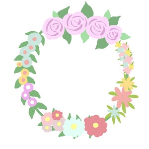 May include: A wreath of pastel pink, yellow, and blue flowers with green leaves. The wreath is circular and has a blank space in the center.