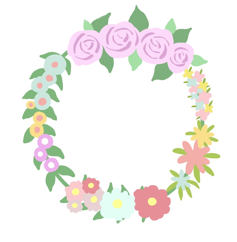 May include: A wreath of pastel pink, yellow, and blue flowers with green leaves. The wreath is circular and has a blank space in the center.
