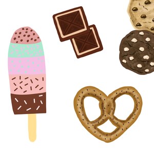 Puede incluir: Una paleta de colores con rayas rosas, verdes y marrones y chispas de chocolate, dos cuadrados de chocolate, un pretzel en forma de coraz&oacute;n y dos galletas con chispas de chocolate.