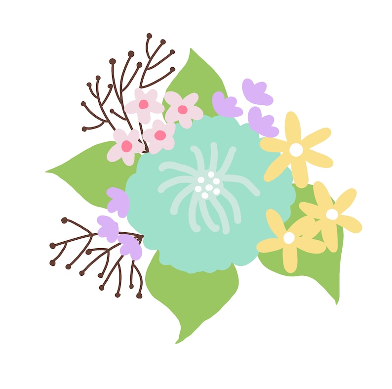 May include: A bouquet of flowers with pink, yellow, and purple flowers. The flowers are arranged in a cluster with green leaves.