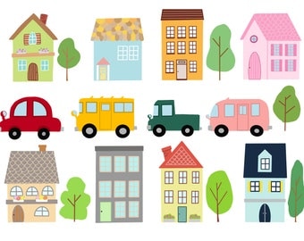 Clipart Little Town, Clip Art Home, Zestaw Clipartów Domowych - Natychmiastowe Pobieranie