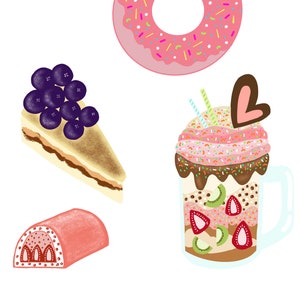 Puede incluir: Una dona rosada glaseada con chispas de colores, una rebanada de pastel de queso con ar&aacute;ndanos, un batido rosa y marr&oacute;n con salsa de chocolate, kiwi y fresas, y una barra de caramelo rosa y blanca.