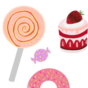 Puede incluir: Una piruleta de espiral rosa y naranja, un caramelo rosa y morado con lunares, una rosquilla rosa y blanca con chispas y un pastel de fresa rosa y rojo con glaseado blanco.