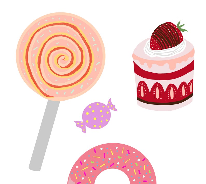 Puede incluir: Una piruleta de espiral rosa y naranja, un caramelo rosa y morado con lunares, una rosquilla rosa y blanca con chispas y un pastel de fresa rosa y rojo con glaseado blanco.