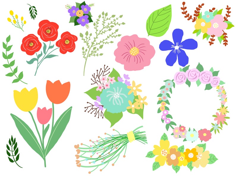 May include: A collection of colorful floral illustrations, including tulips, roses, and other flowers. The illustrations are in a variety of styles, from simple outlines to more detailed designs. They are perfect for adding a touch of spring to any project.