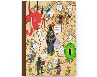 May include: A whimsical illustrated map with a red dragon, a wizard in a black robe, and a green eye. The map features text such as "Hello!! my friend!" and "Abacadabra blah blah..."