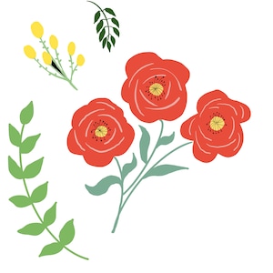 May include: A bouquet of three red poppy flowers with yellow centers and green leaves. The flowers are arranged in a cluster with stems extending downwards. There are two additional green sprigs in the image.