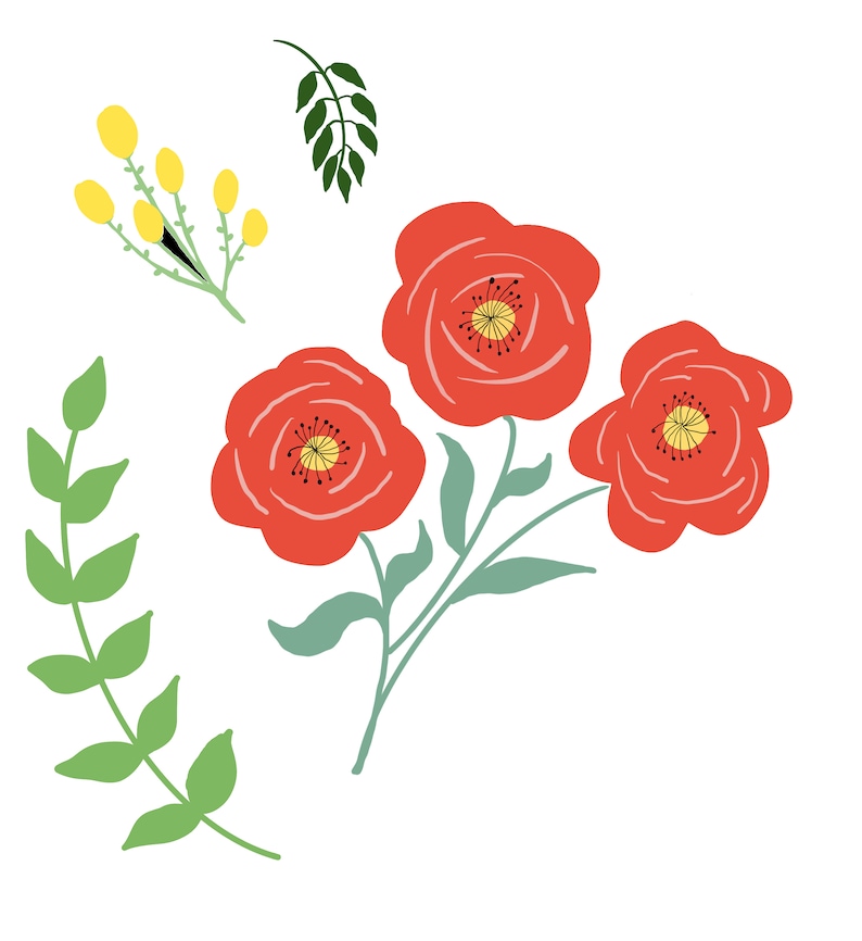 May include: A bouquet of three red poppy flowers with yellow centers and green leaves. The flowers are arranged in a cluster with stems extending downwards. There are two additional green sprigs in the image.