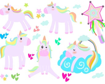Unicorn Clipart, Cute Unicorn Clip Art, Rainbow Unicorn Clipart - Digital Download, Instant Download