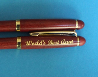 World's Best Aunt rosewood or maple pen. Laser Engraved. Rosewood is gold tone filled.