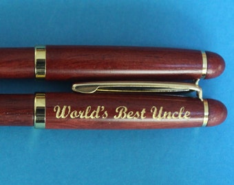 World's Best Uncle Rosewood or Maple Pen. Laser Engraved, Rosewood is Gold Tone Filled.