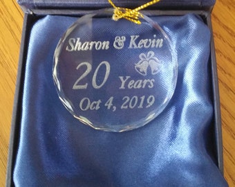 Custom Engraved Glass Crystal Anniversary Ornament with gold braid cord and gift box