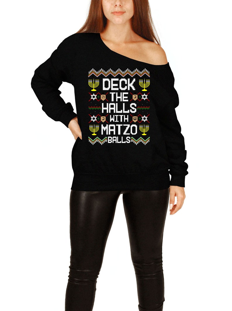 Funny Hanukkah Sweater Ugly Holiday Gifts For Chanukah Happy Hanukkah Menorah Jewish Clothing Off The Shoulder Slouchy Sweatshirt FAT-618