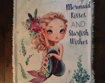 Mermaid wishes and starfish kisses, mermaid blanket, baby girl, minky and fur