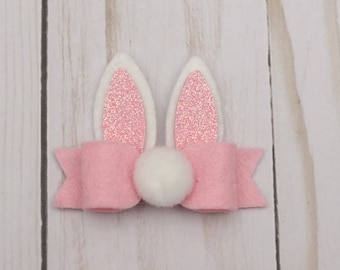 Pink Glitter Bunny Ears Bow || Easter Baby Headband Clip