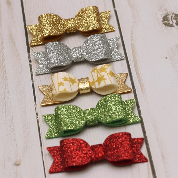 Set of 5 Tiny Glitter Christmas Bows, Mini Holiday Bows, Glitter Felt Bows