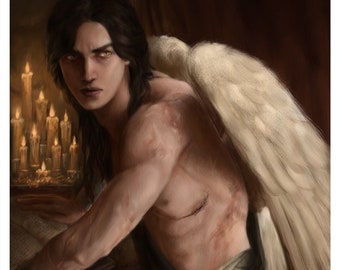 May include: A young person with long dark hair and white feathered wings sits in a dimly lit room. They are wearing a dark brown garment and have several scars on their body. The room is lit by candles on a table behind them.