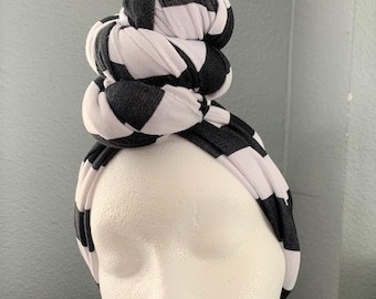 Pre Tied Head Wrap, Black and White Stripe One Size