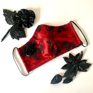 Red Satin with Black Lace Vamp Face Mask with Nose Wire, Filter Pocket and Adjustable Elastic Option