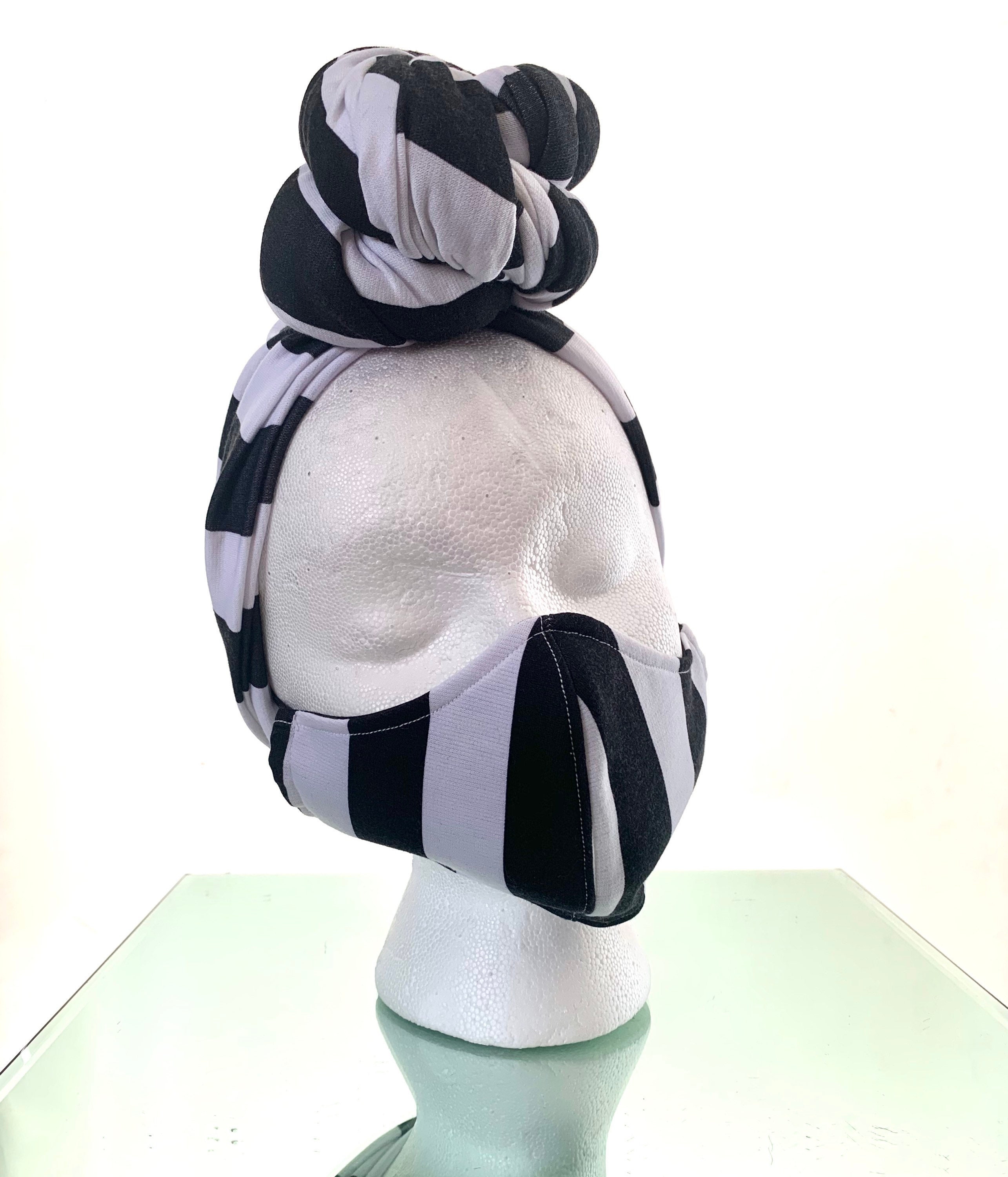 Pre Tied Hair Wrap and Mask Combo Set, Black and White  display picture 1