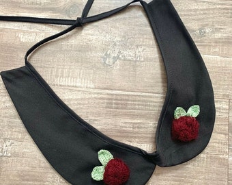 Retro, Cottagecore, Schwarzes Baumwoll-Peter Pan-Halsband, bestickte Blumenapplikation, abnehmbares, abnehmbares Halsband
