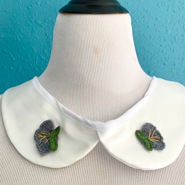 Retro Butterfly, Cottagecore, White Satin Peter Pan Collar, Embroidered Appliqué, Detachable, Removable Collar